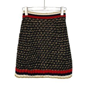 Gucci Womens Knit Mini Skirt Black/Gold Metallic Thread Red/White/Navy Trim XS M